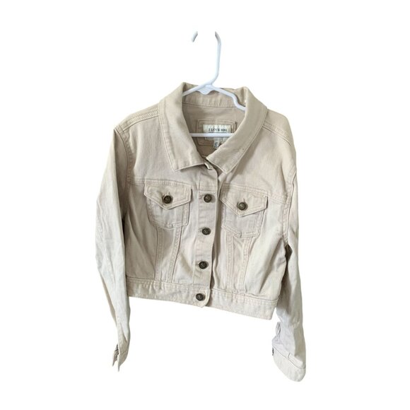 I Love H81 Womens Small Khaki Tan Beige Jean Jacket Coat Button Up Crop - Picture 1 of 3